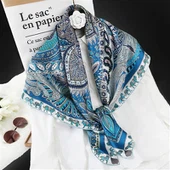 ティールブルー プリント シルク スカーフ